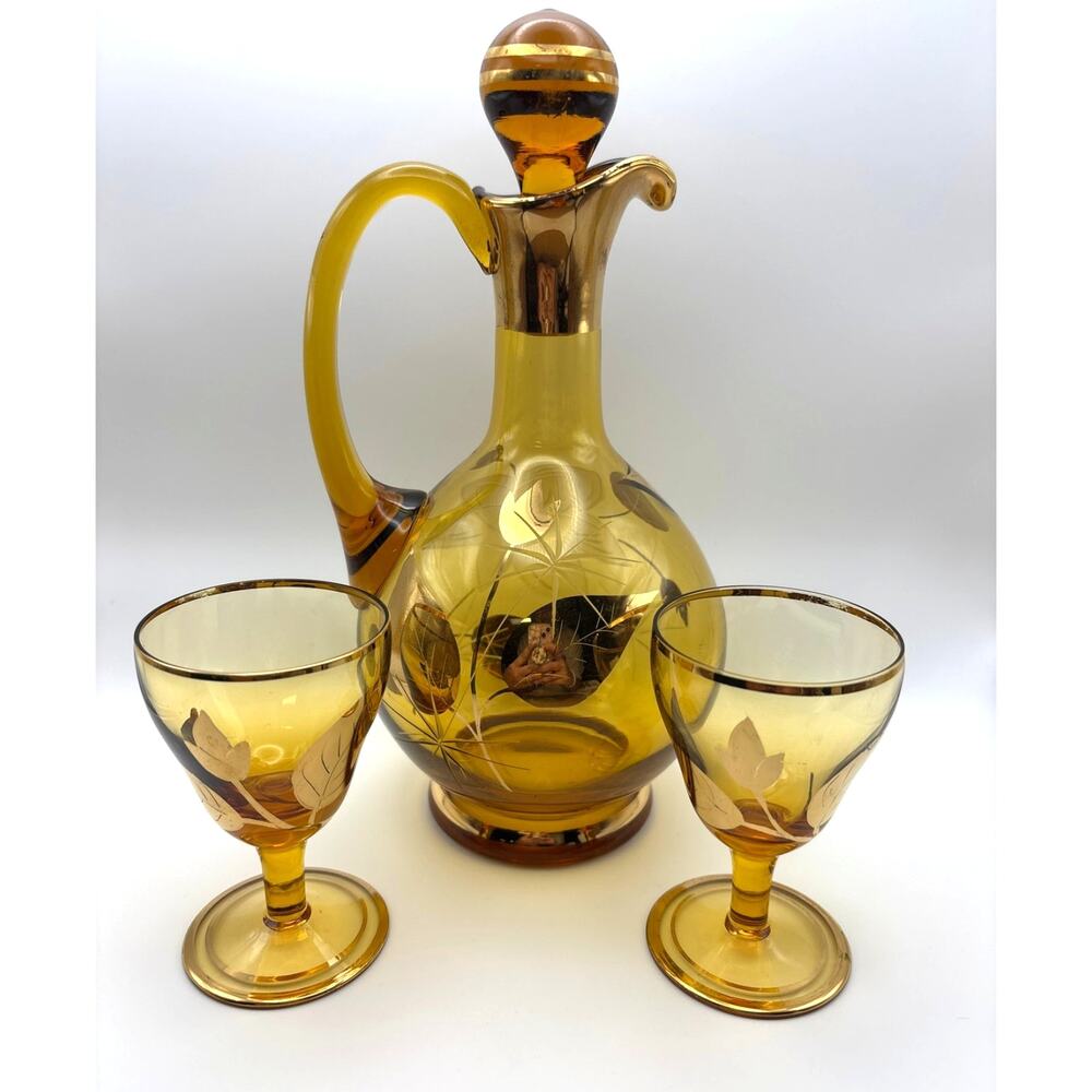 Antique Moser Amber Glass Decanter With Two Stemmed Glasses Bohemian Style